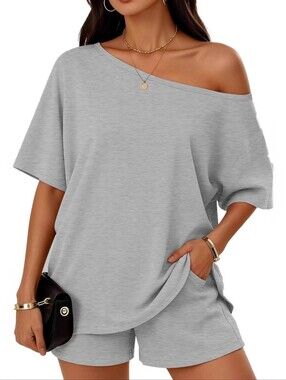 Full Size Boat Neck Tee and Shorts Set Plus Size- Light Gray